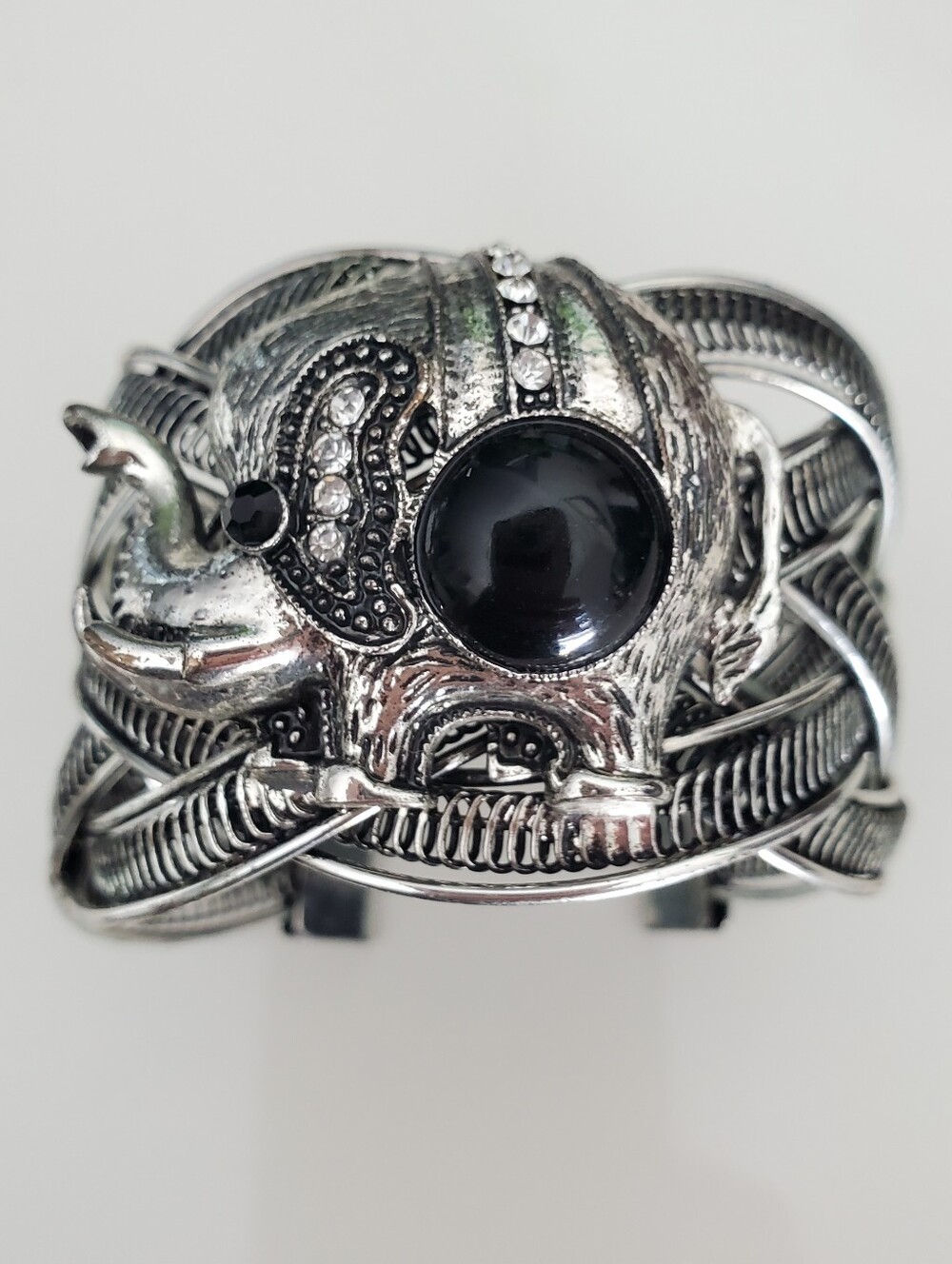Rustic Silver Elephant Wide Silver Cuff Bracelet Black Stone Jelly Belly Woven